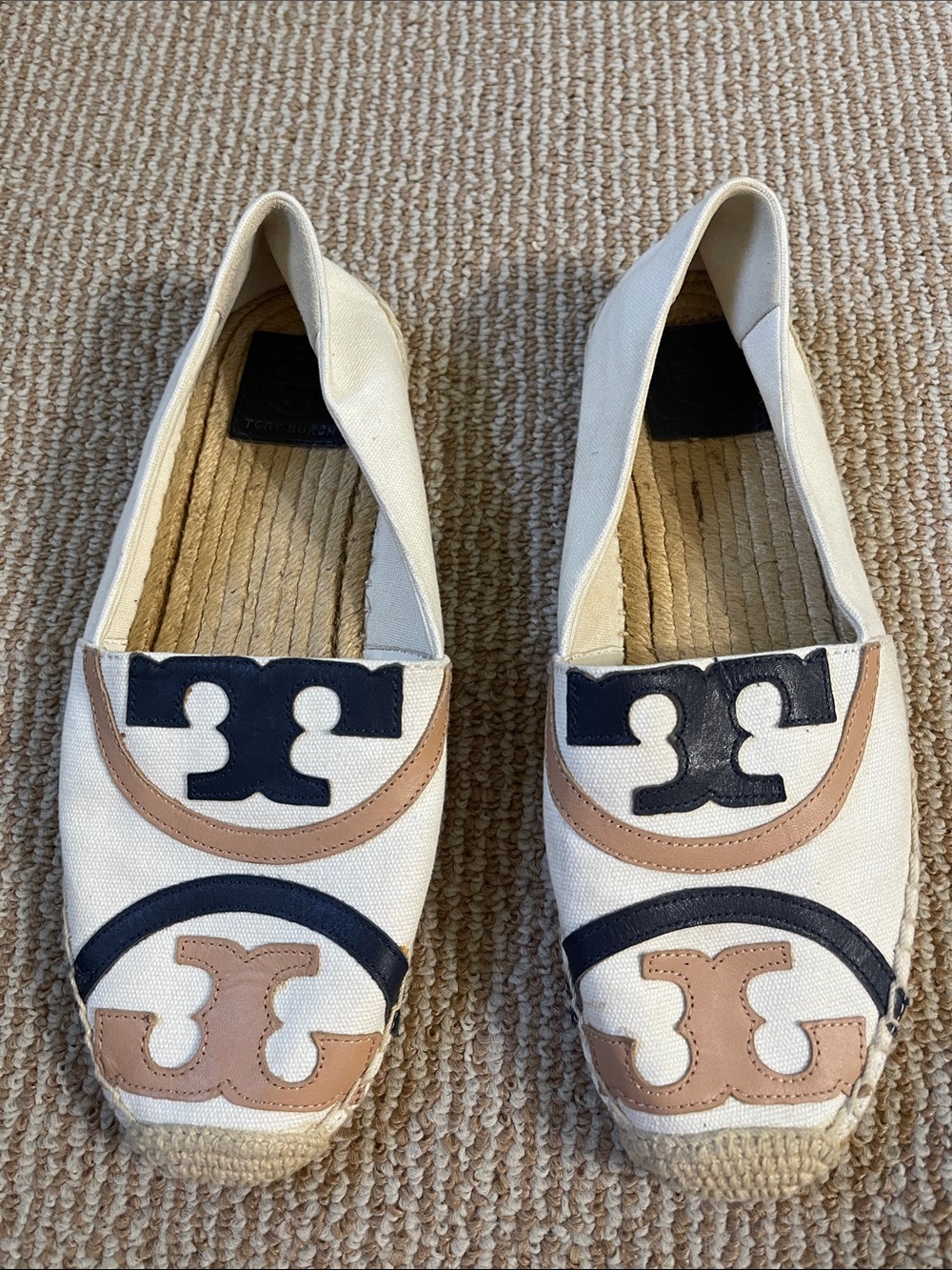Tory Burch Cream Canvas Espadrilles with Navy & Tan Logo Accents